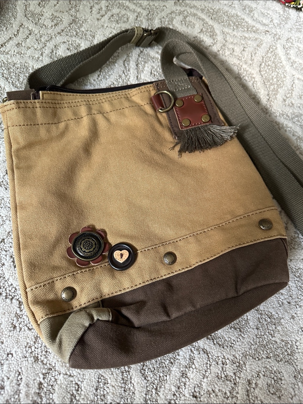 Chala Canvas Crossbody in Khaki and Brown with Tassel Charm